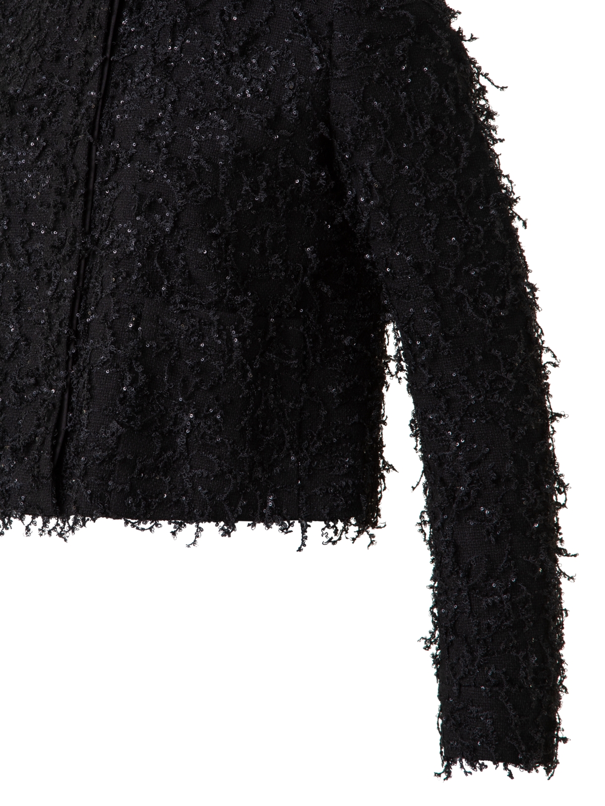Designer Short Jacket with Micro Sequins Fringed Bouclé - black