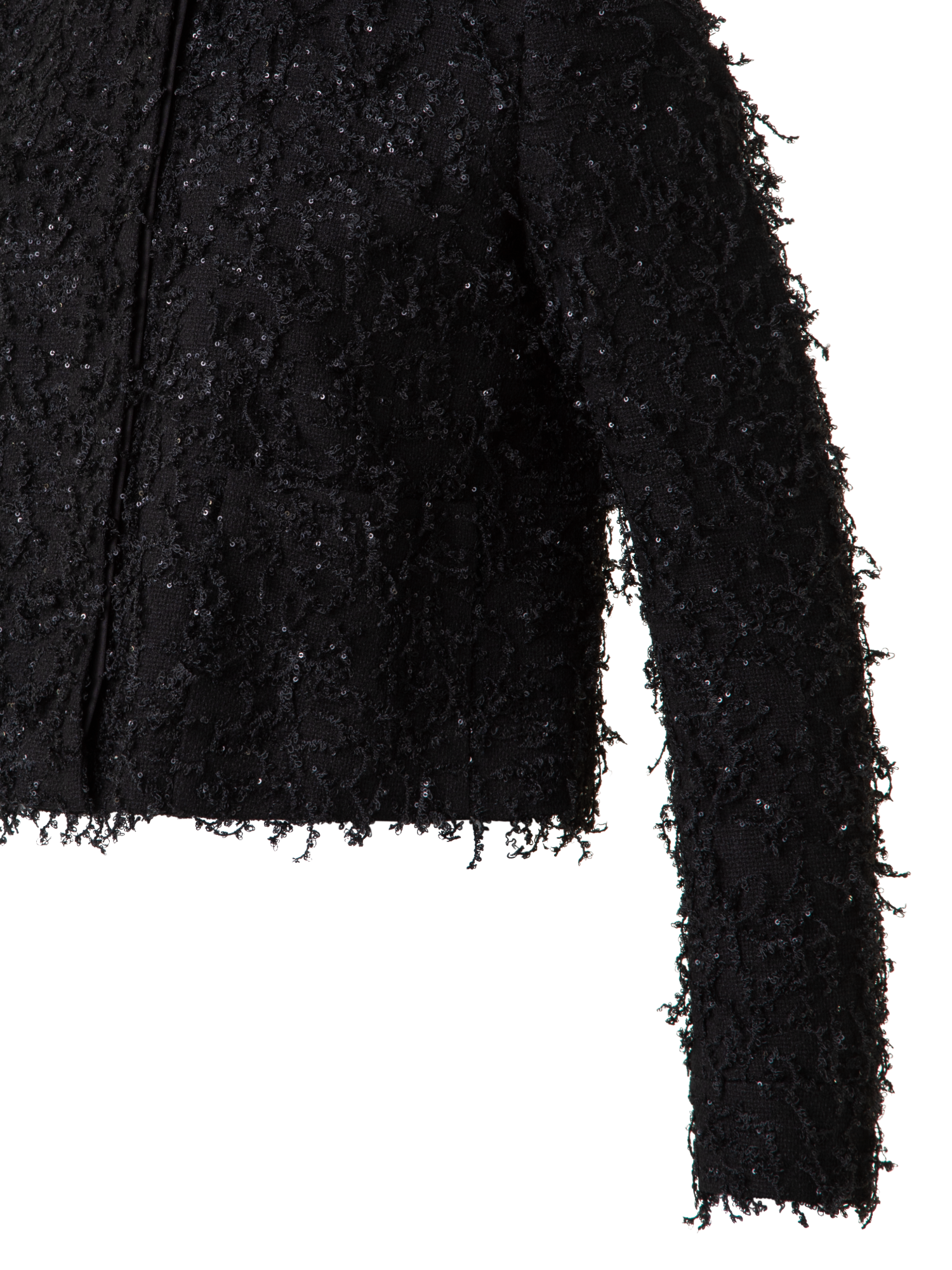 Designer Short Jacket with Micro Sequins Fringed Bouclé - black
