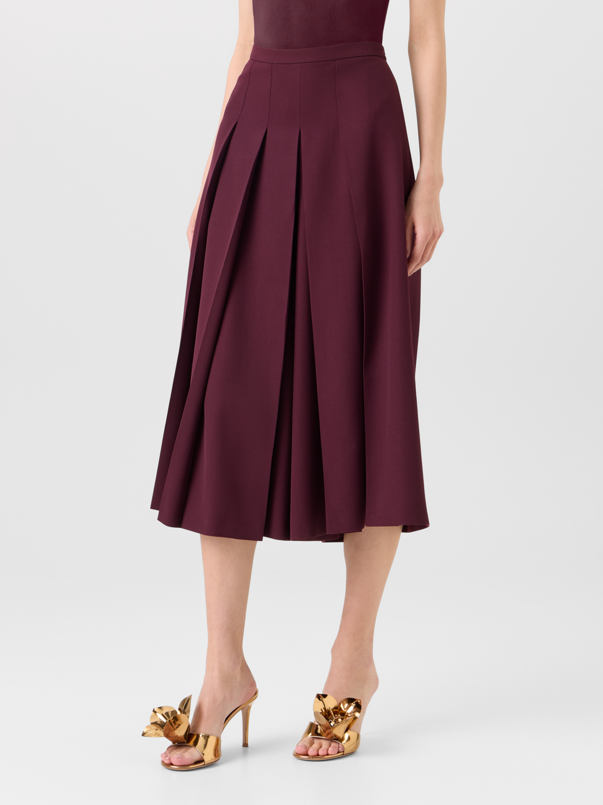 Designer Pleated Midi Skort in Wool Gabardine - red #editorial