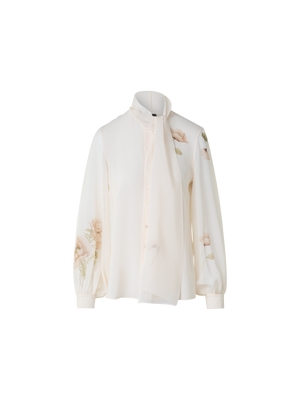 Designer Tie Neck Silk Blouse with Anemone Print - neutral - pastel - multicolor - ecru - white