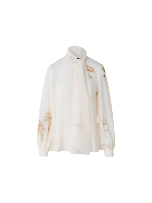 Designer Tie Neck Silk Blouse with Anemone Print - neutral - pastel - multicolor - ecru - white