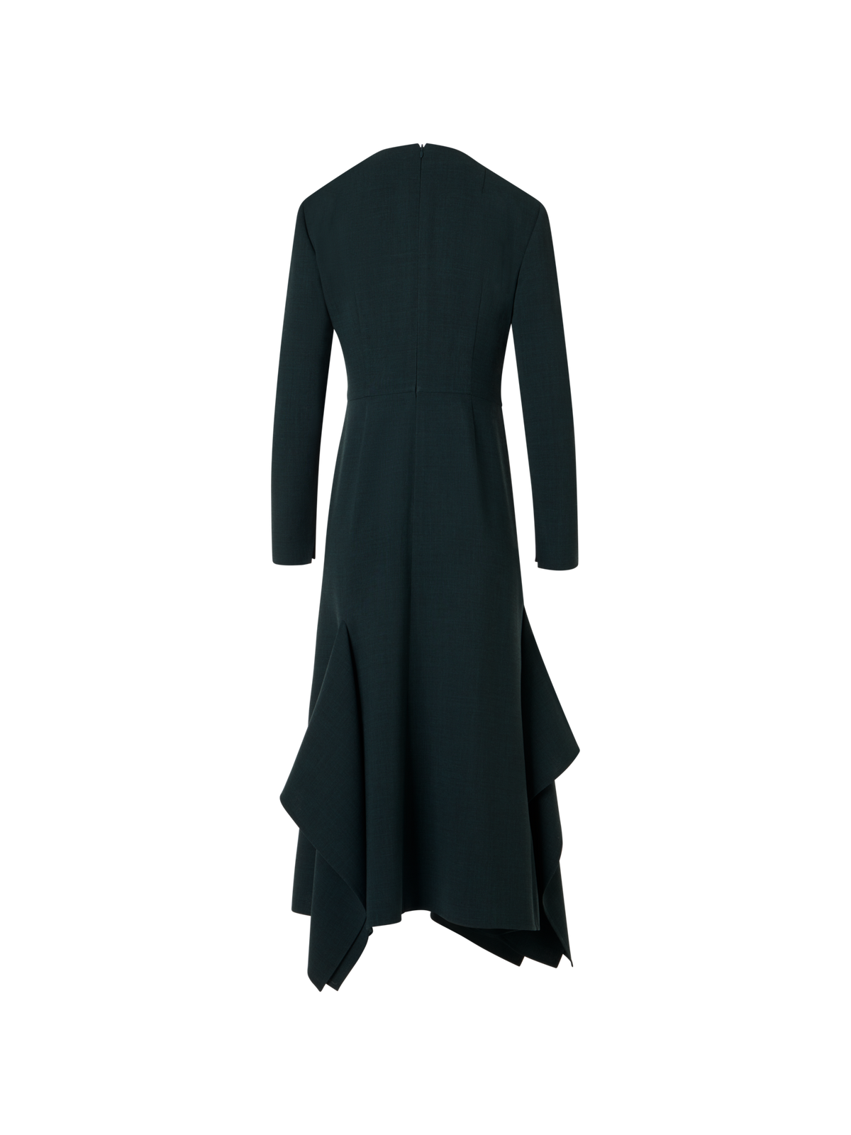 Designer Flared Midi Dress with Asymmetrical Skirt in Wool - green