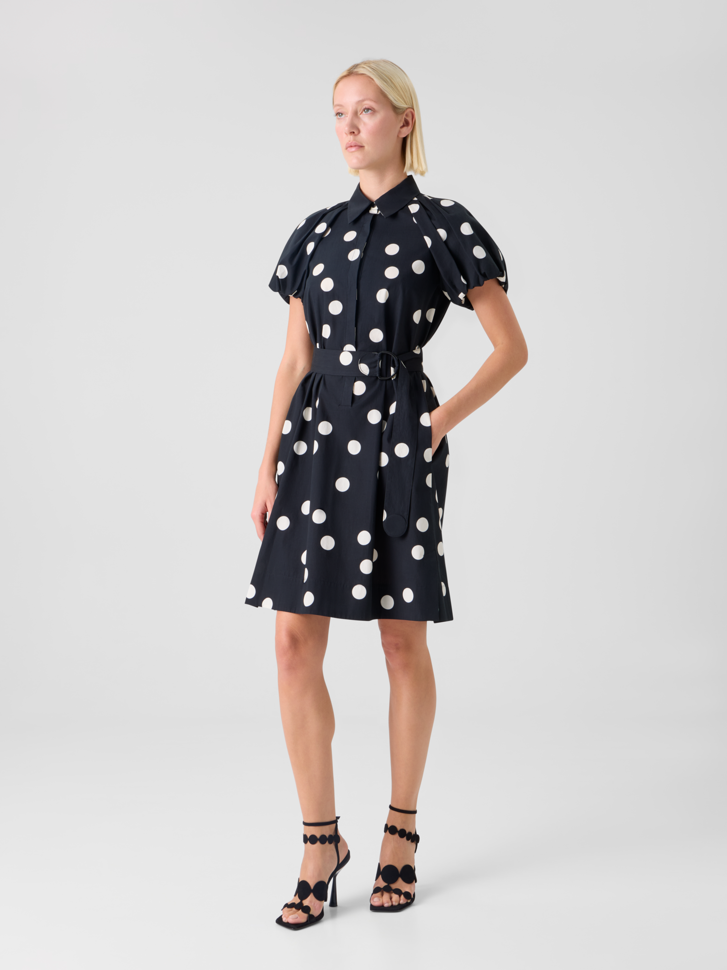Designer Polka Dot Cotton Shirt Dress with Puff Sleeves - black