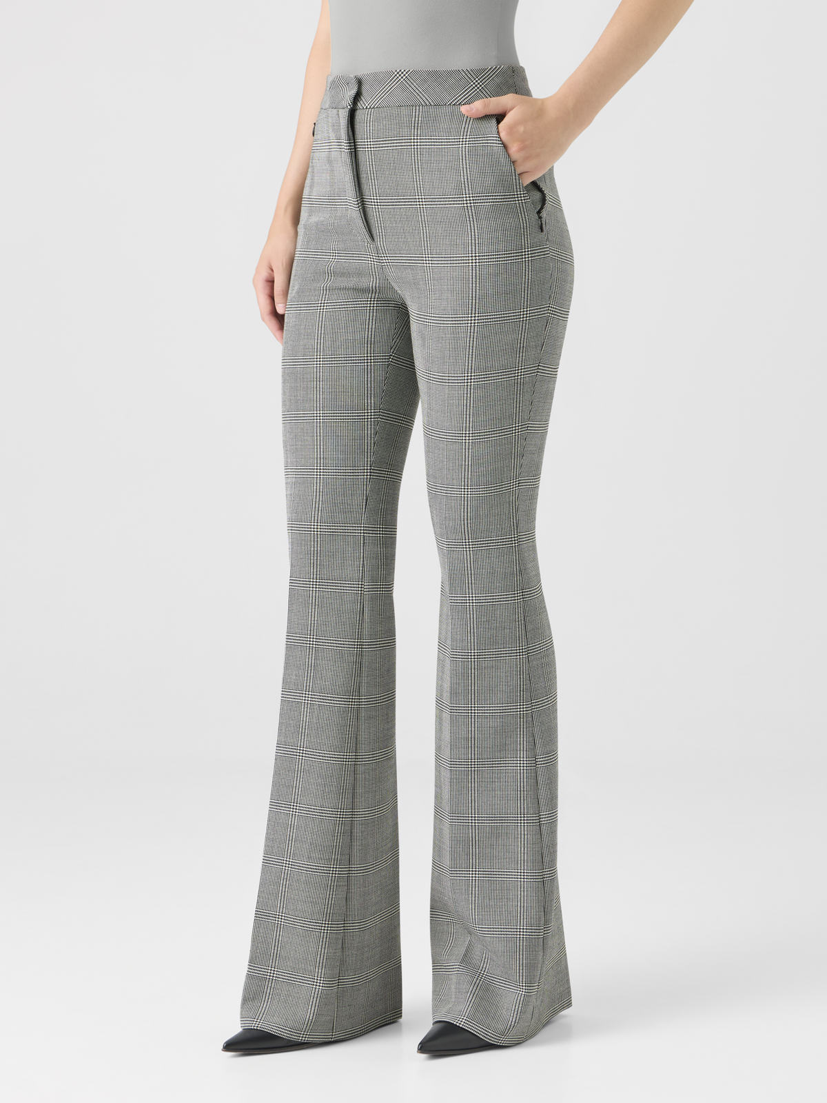 Designer Prince of Wales Wool Stretch Bootcut Pants - grey #editorial