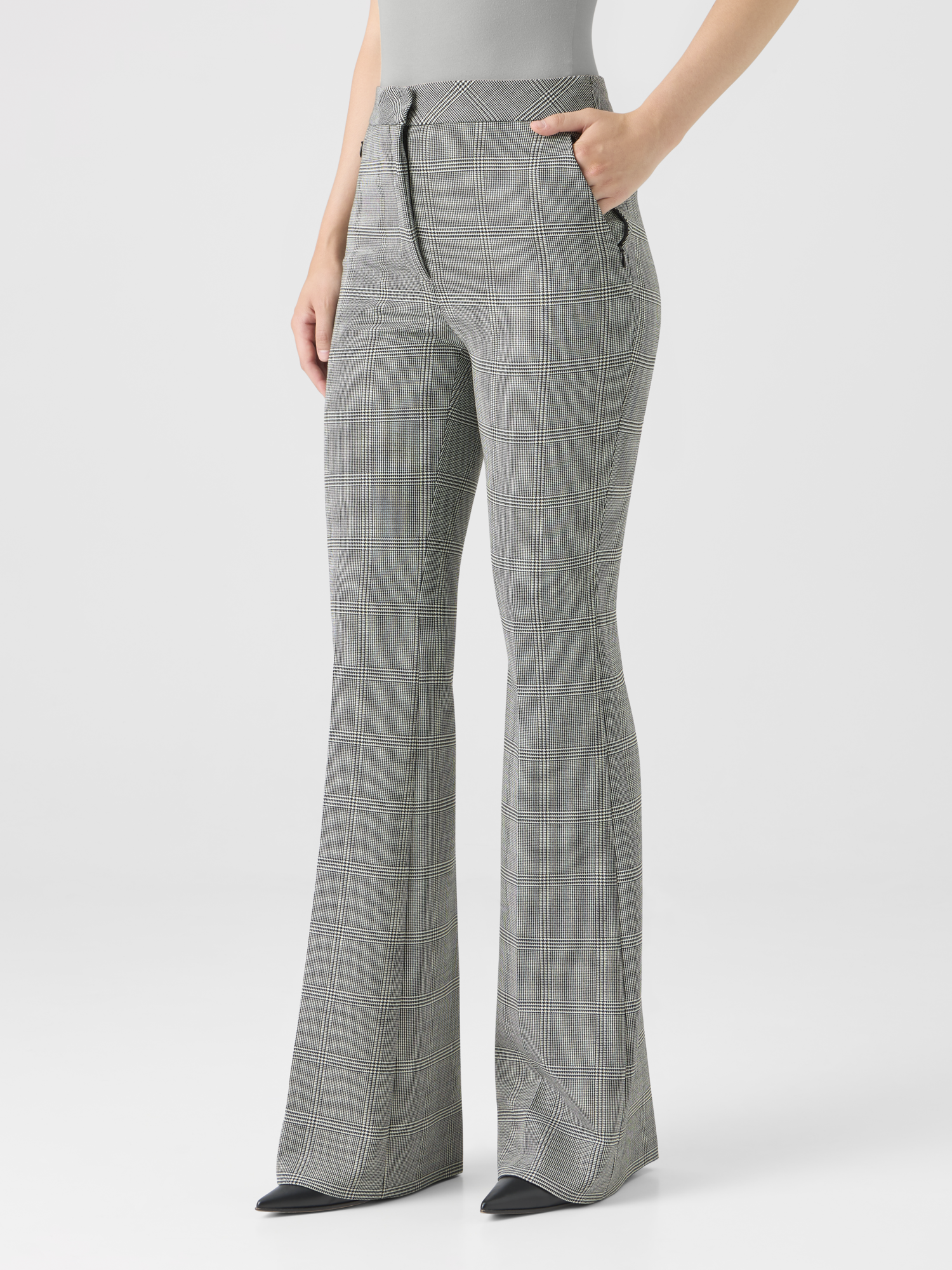 Designer Prince of Wales Wool Stretch Bootcut Pants - grey 