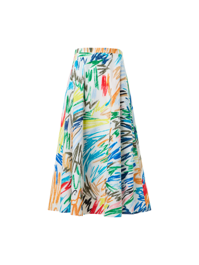 Designer Scribble Print Cotton Midi Skirt - multicolor - ecru