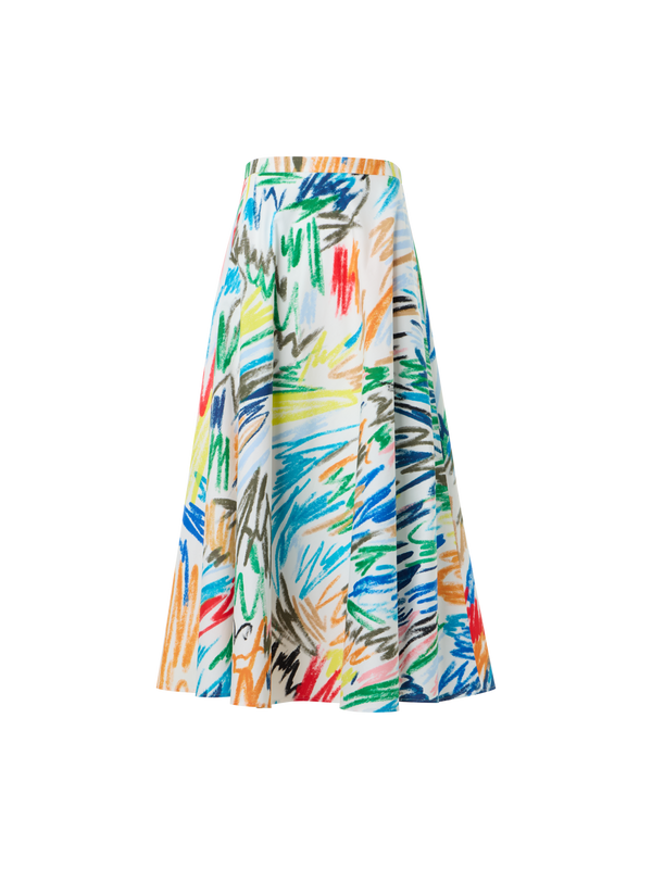 Designer Scribble Print Cotton Midi Skirt - multicolor - ecru