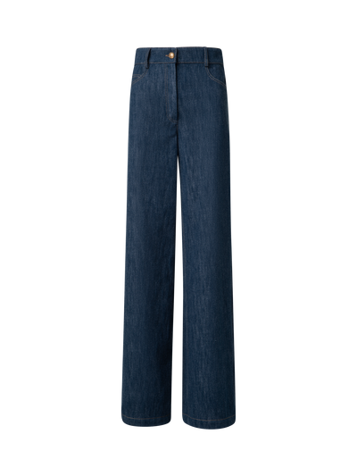 Designer Wide Cotton Wool Denim Stretch Pants - navy - blue
