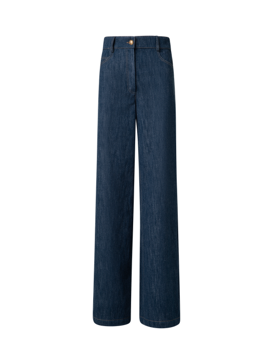 Designer Wide Cotton Wool Denim Stretch Pants - navy - blue