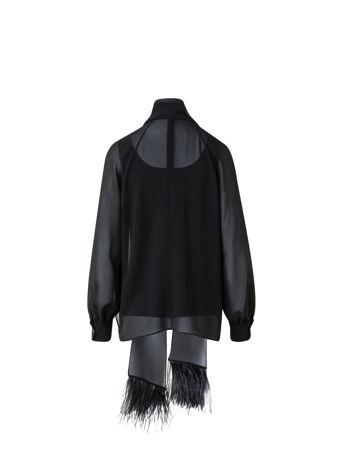 Designer Sheer Silk Tie Neck Blouse with Feather Trim - black - neutral