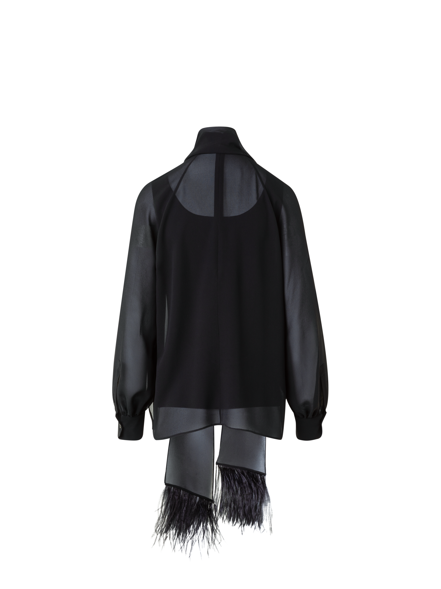 Designer Sheer Silk Tie Neck Blouse with Feather Trim - black - neutral