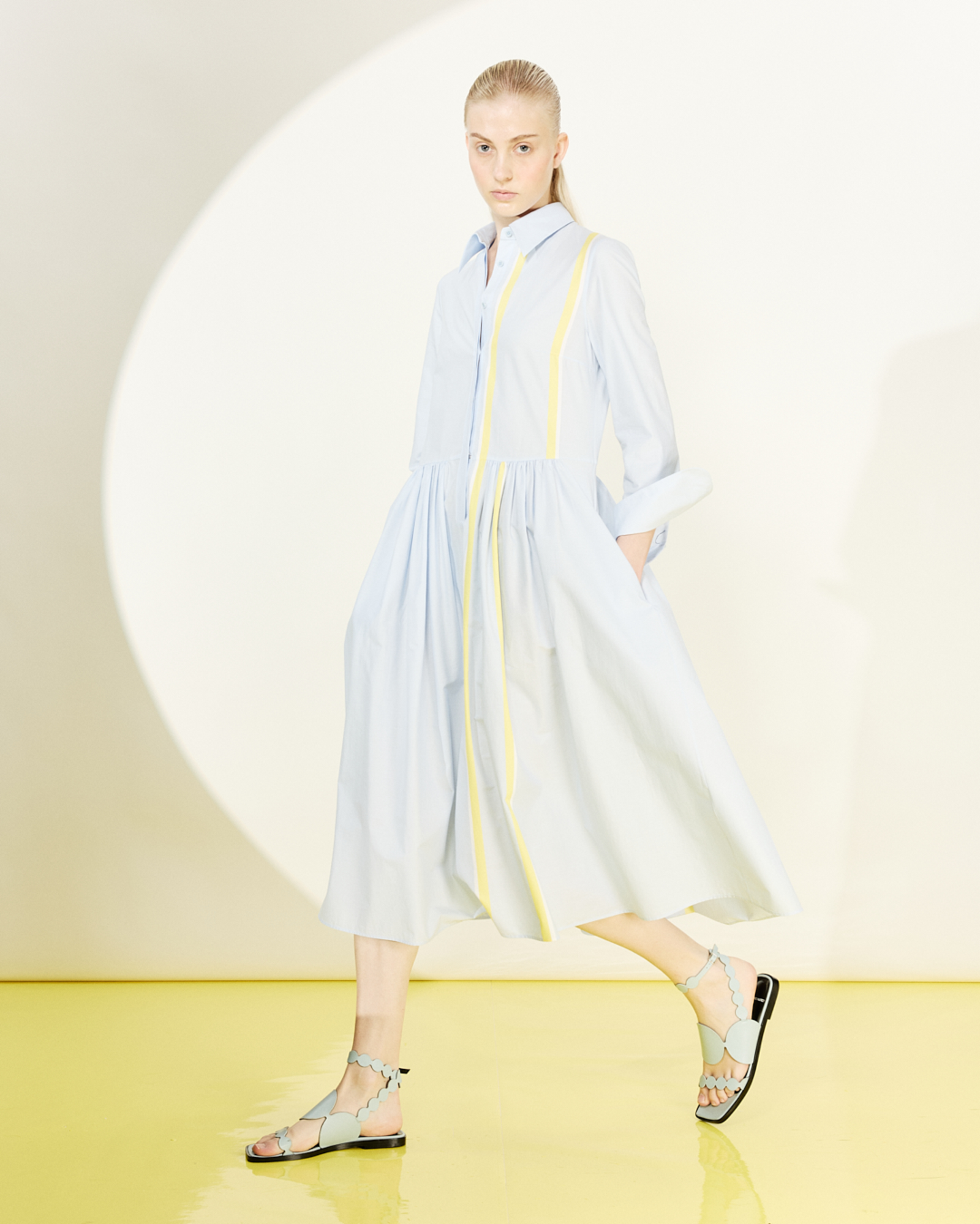 Designer Striped Cotton Chambray Midi Shirt Dress - blue - multicolor