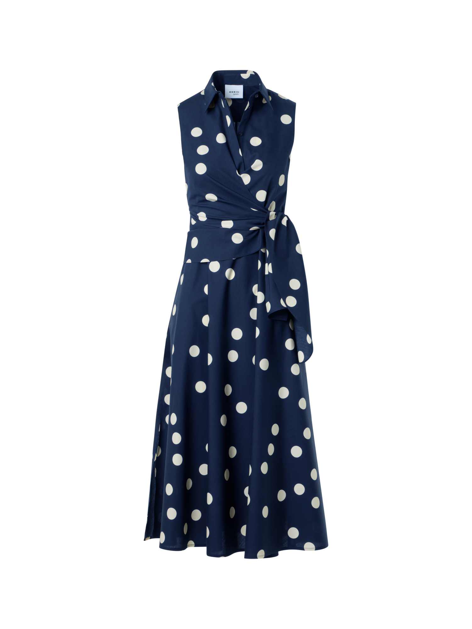 Designer Polka Dot Wrap Midi Dress in Cotton Poplin - navy