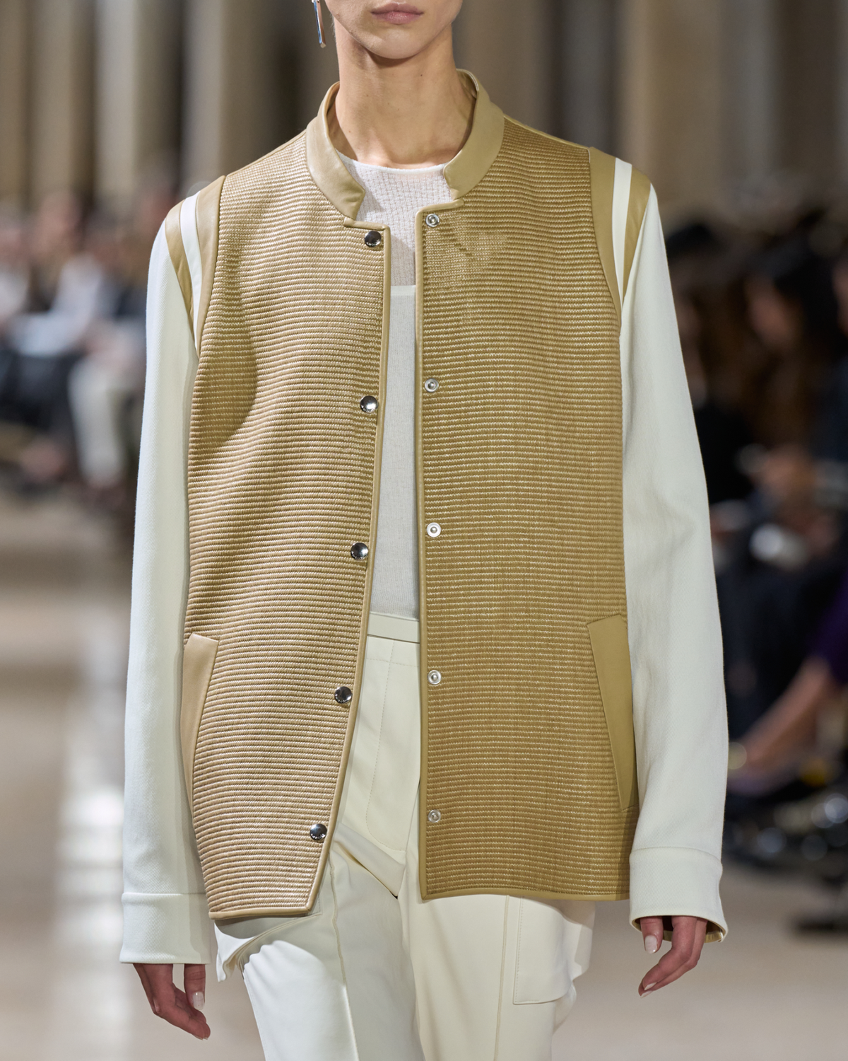 Designer Varsity Jacket in Cotton Raffia and Leather - neutral - multicolor - beige #editorial