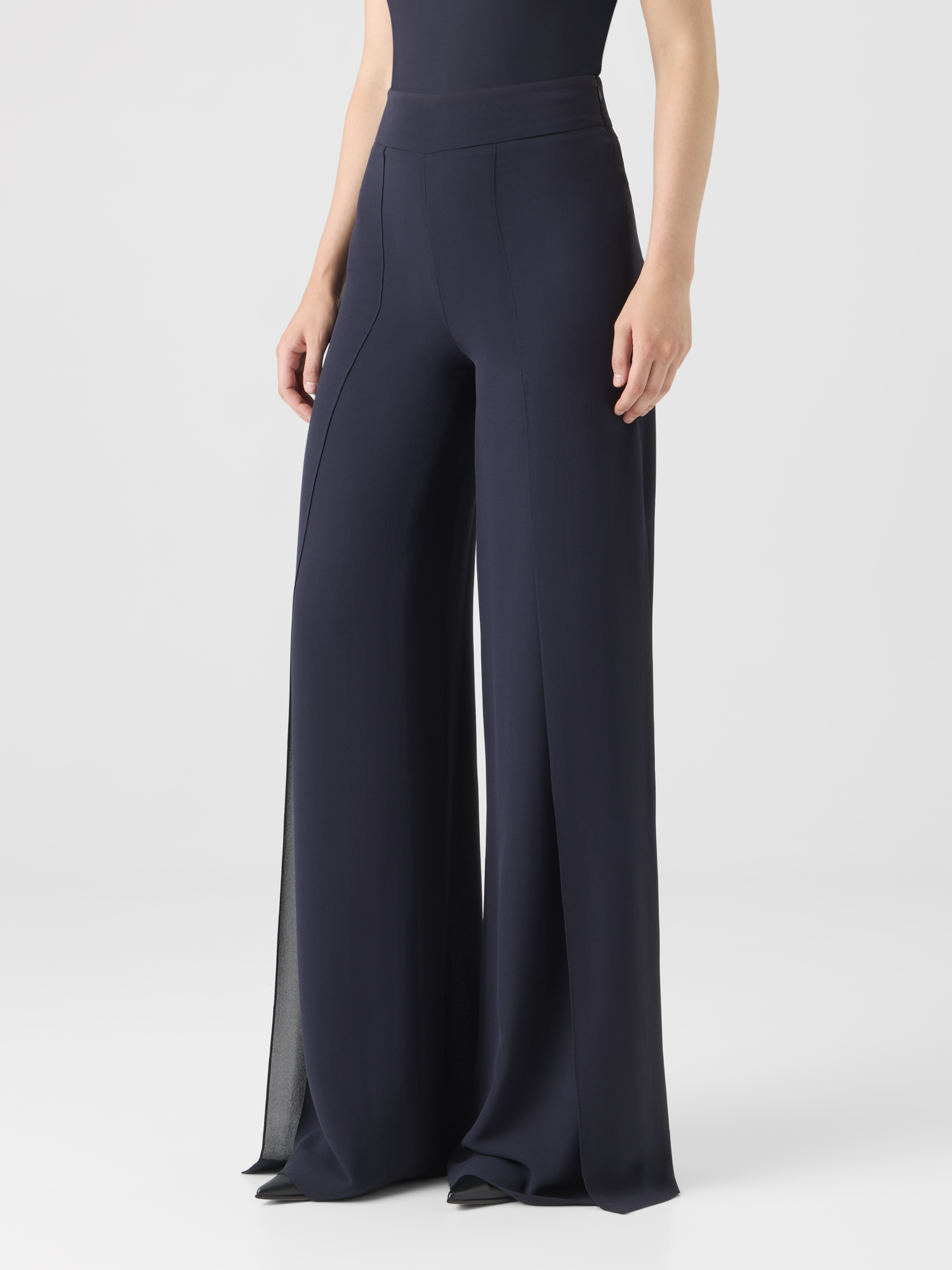 Designer Wide Silk Pants with Slits - navy 