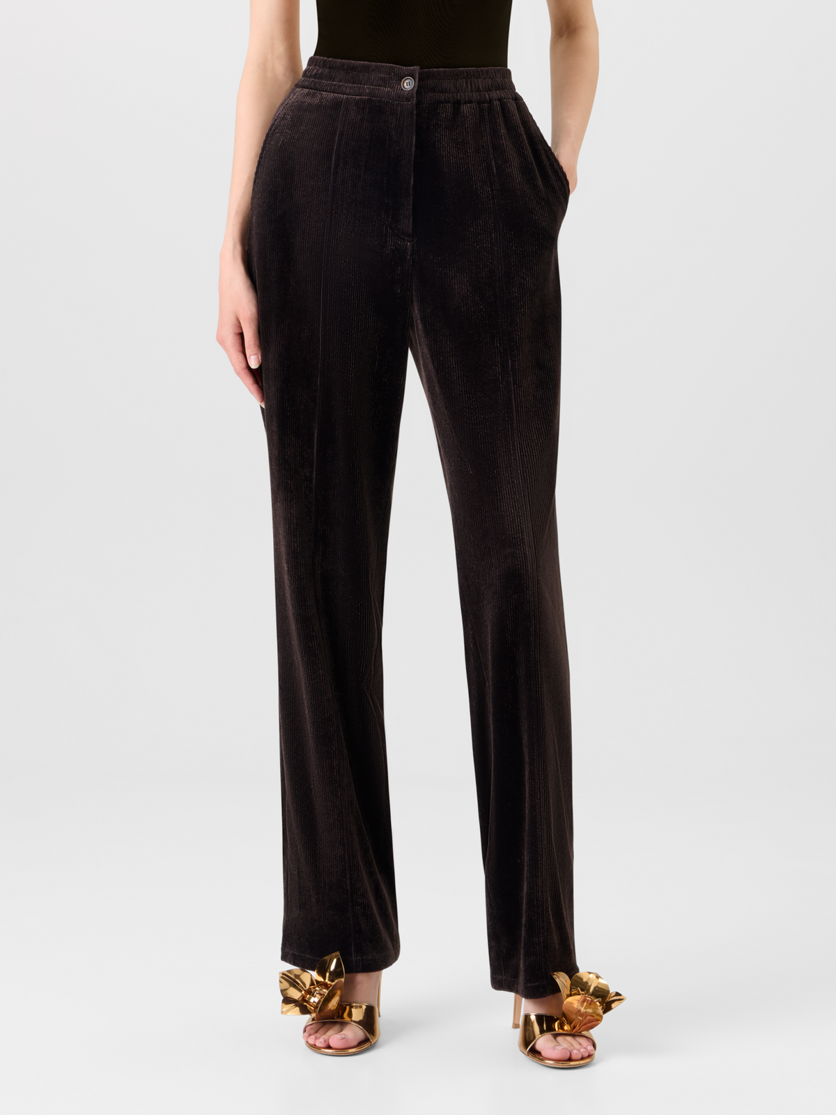 Designer Pants with Elastic Waist in Viscose Corduroy - brown 