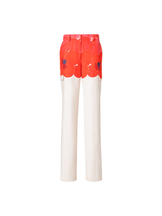 Designer Straight Cotton Silk Cargo Pants with Poppy Print - multicolor - ecru - red - white