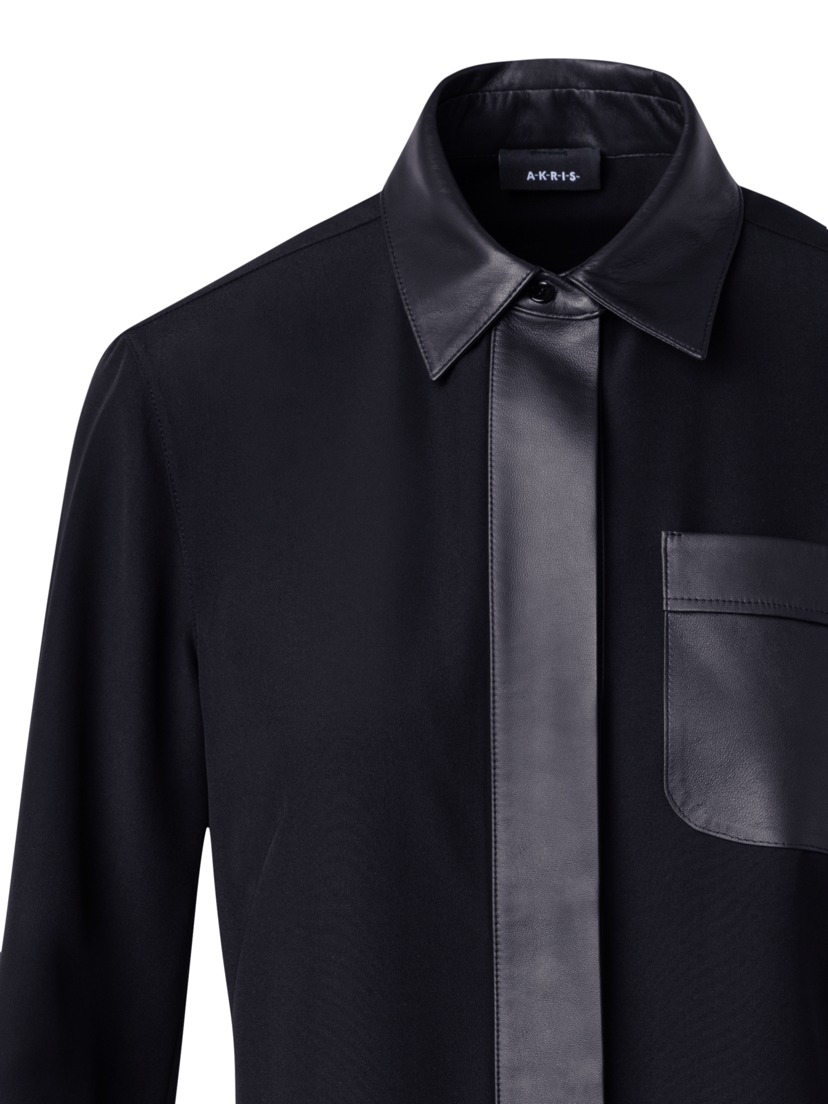 Designer Silk Crêpe Shirt Blouse with Leather Trims - black