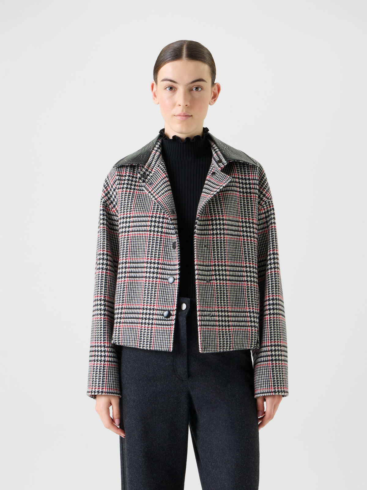 Designer Glencheck Tweed Jacket with Faux Leather Collar - black - multicolor #editorial