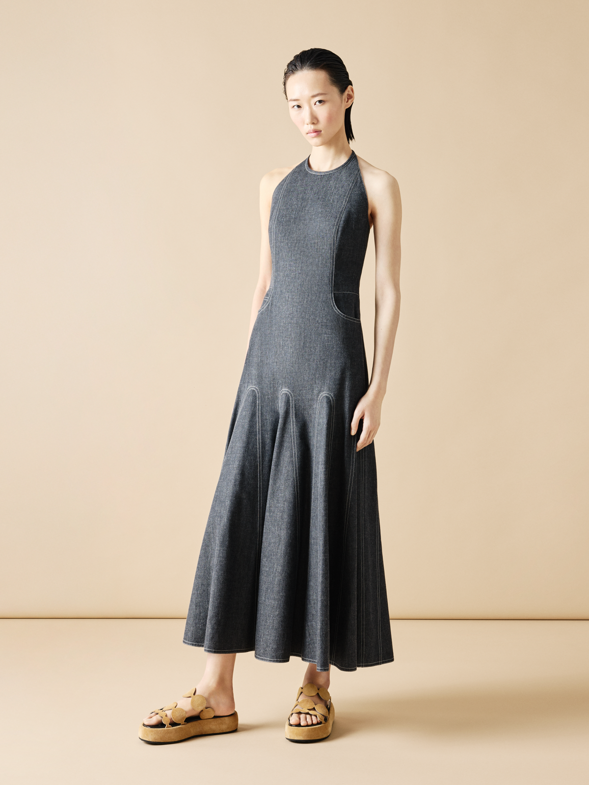 Designer Halter Top Denim Midi Dress - black #editorial