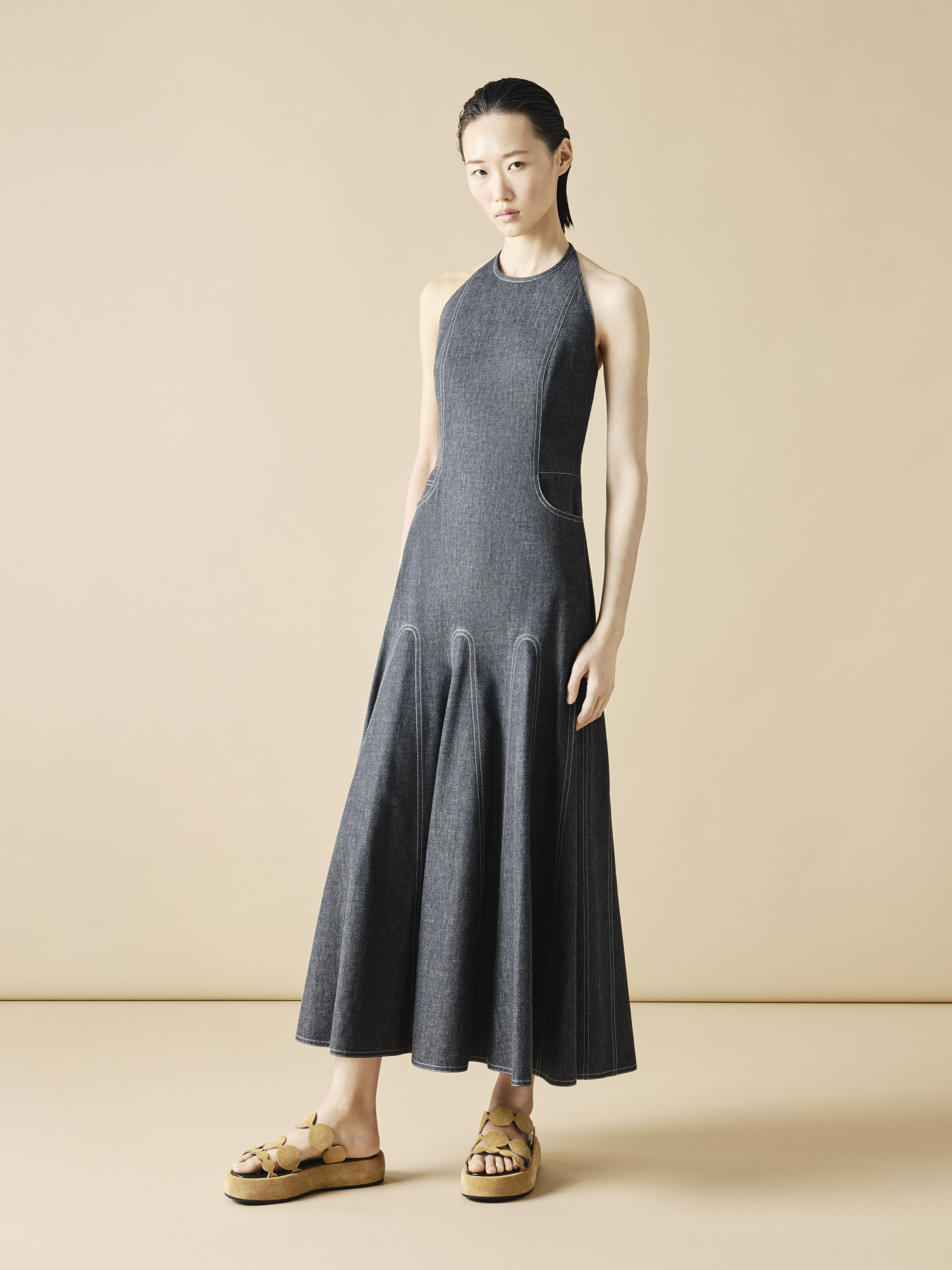 Designer Halter Top Denim Midi Dress - black 