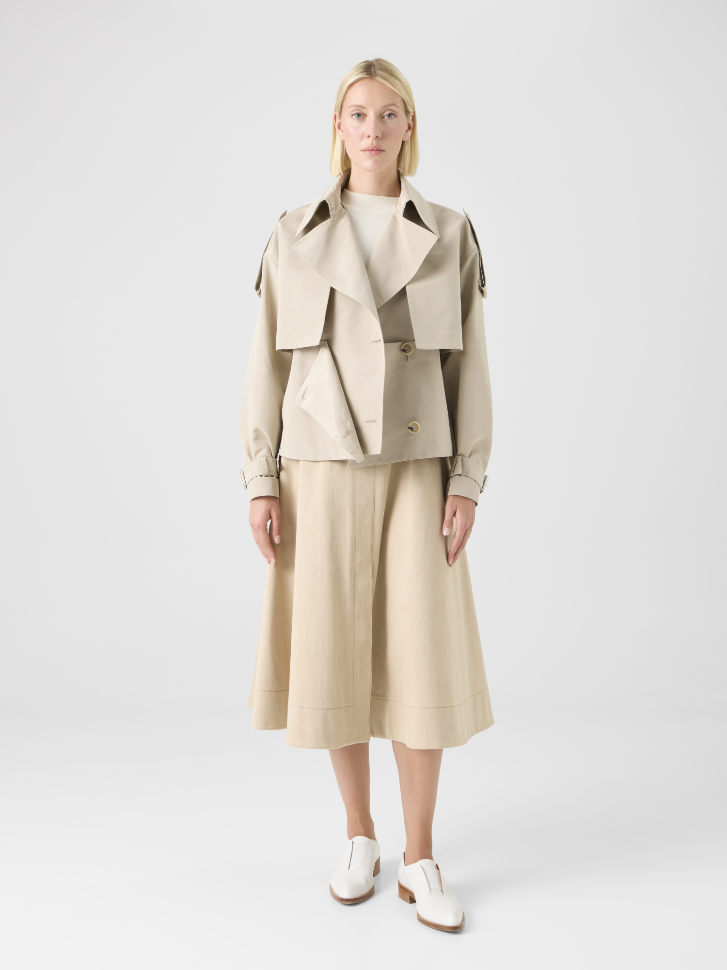 Designer Short Silk Trench Coat with Removable Bolero - beige 