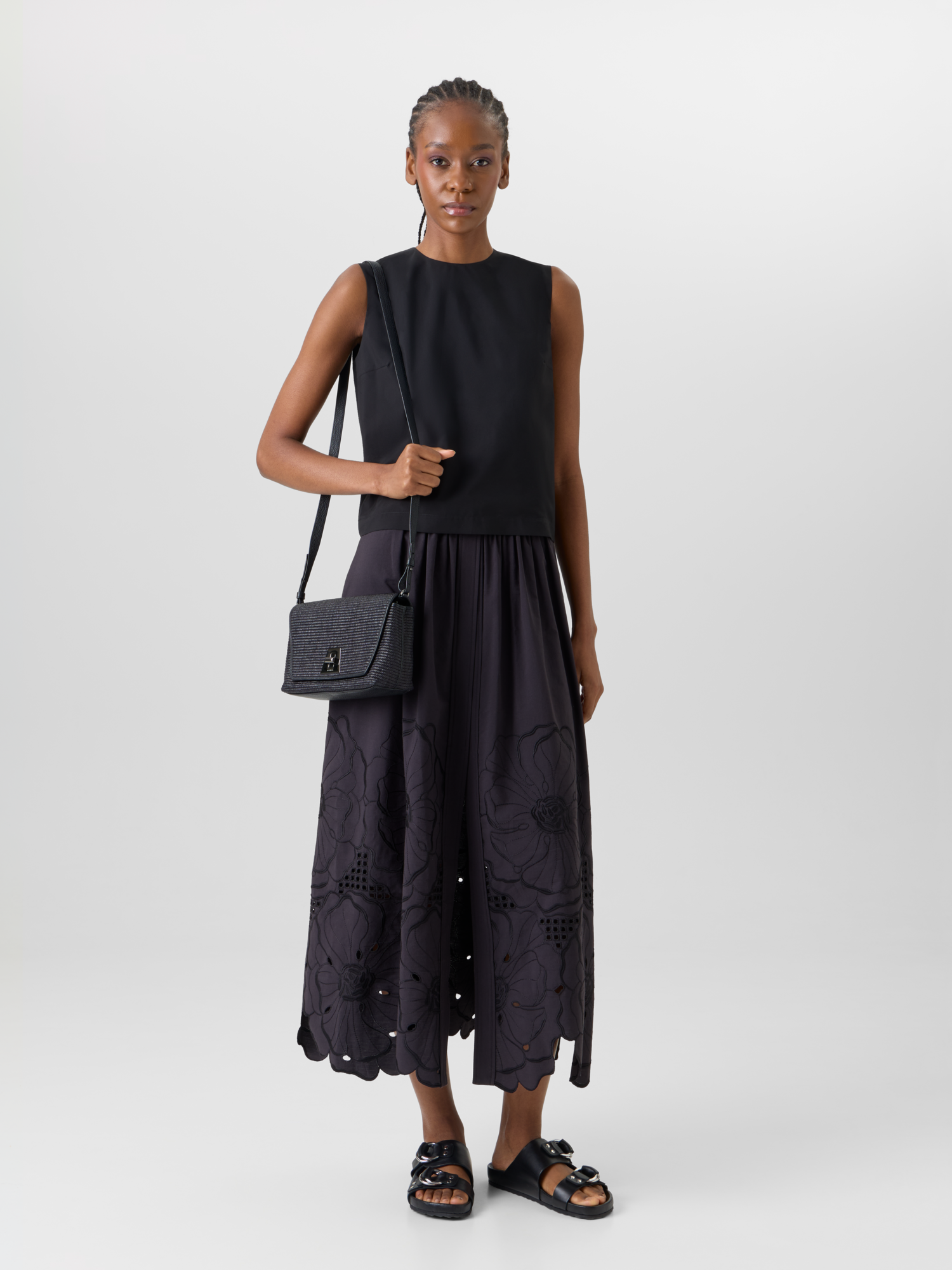 Designer Flared Flower Eyelet Midi Skirt - black 