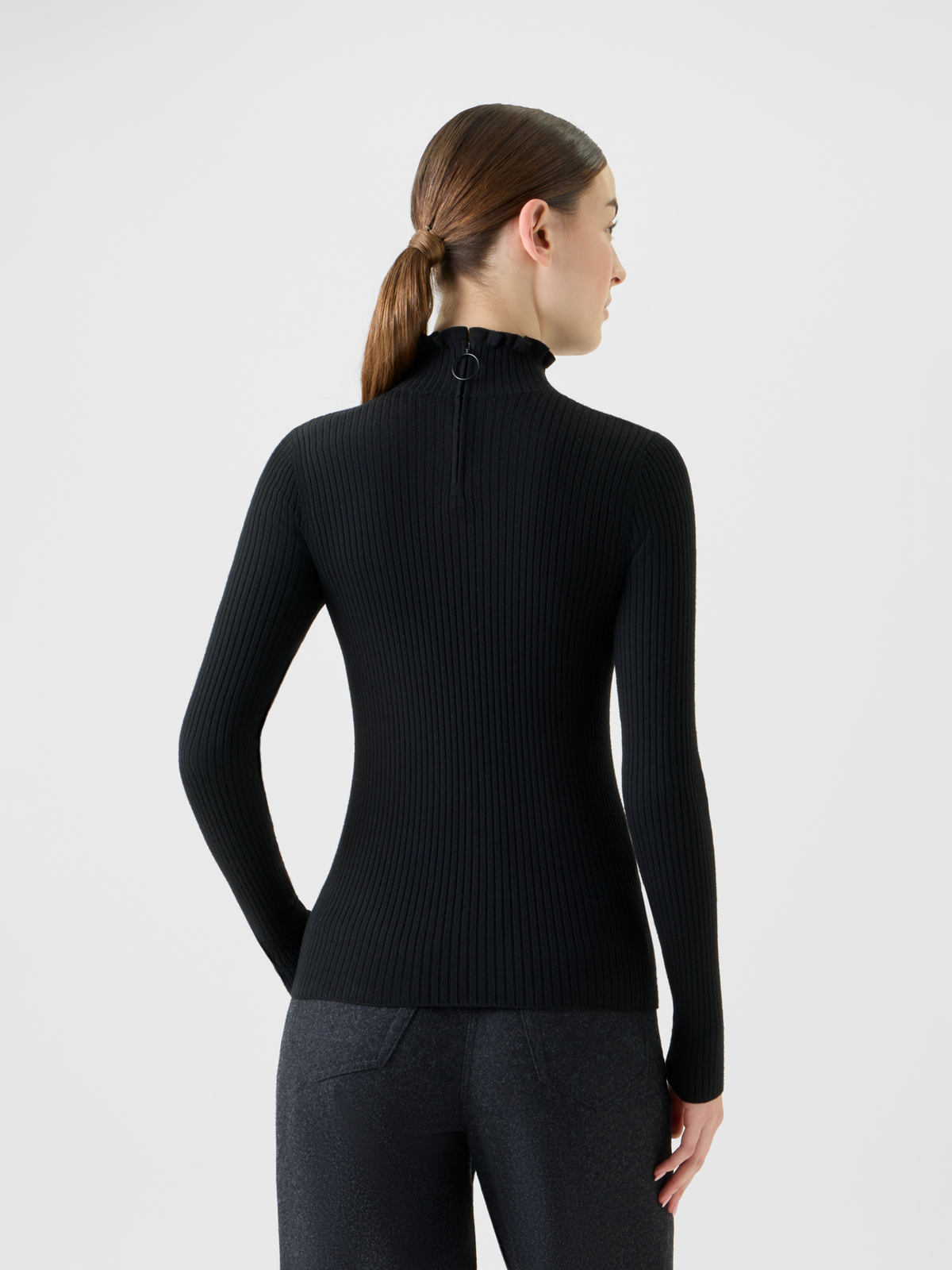 Designer Merino Wool Knit Ruffle Mock Neck Sweater - black - neutral #editorial