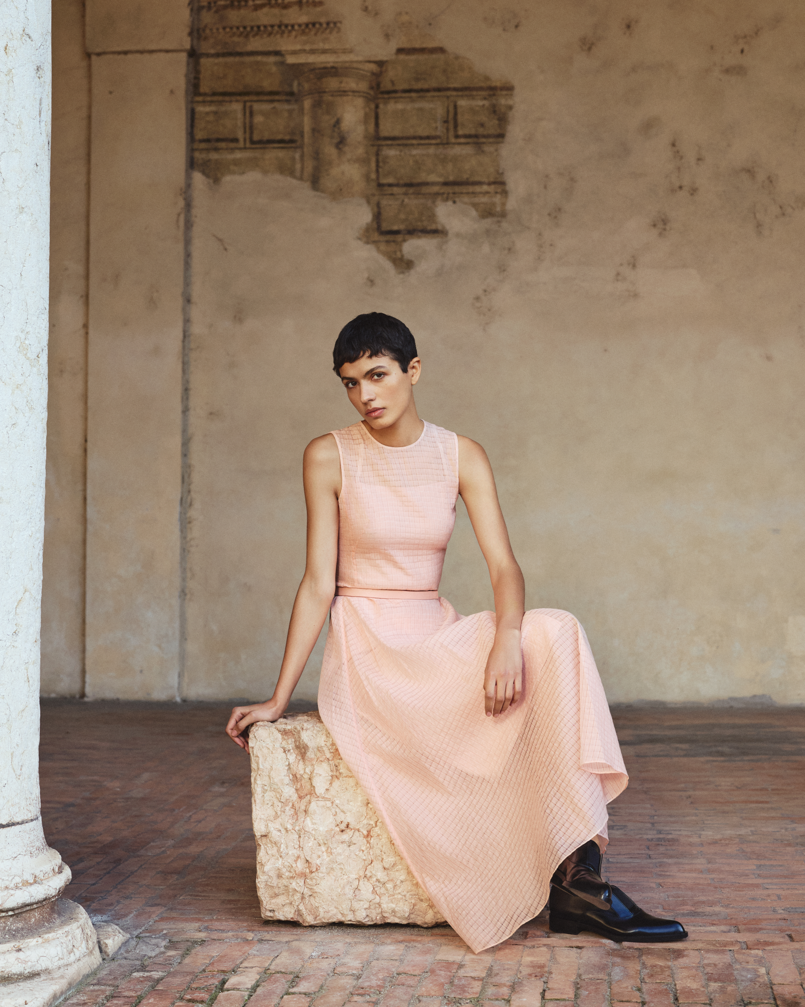 Designer Fit-and-Flare Midi Dress in Cotton Organza - pastel - pink 