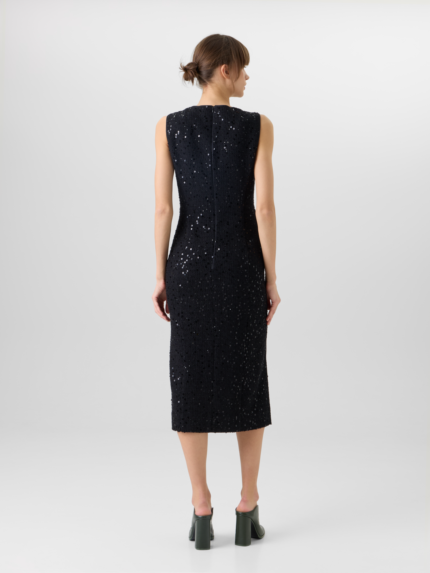 Designer Sleeveless Cotton-Wool Tweed Midi Sheath Dress with Sequins - black 