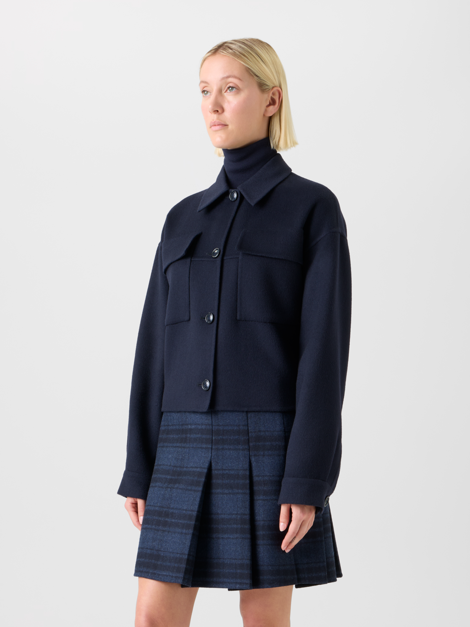 Designer Short Boxy Cashmere Double-Face Shirt Jacket - neutral - navy - blue 