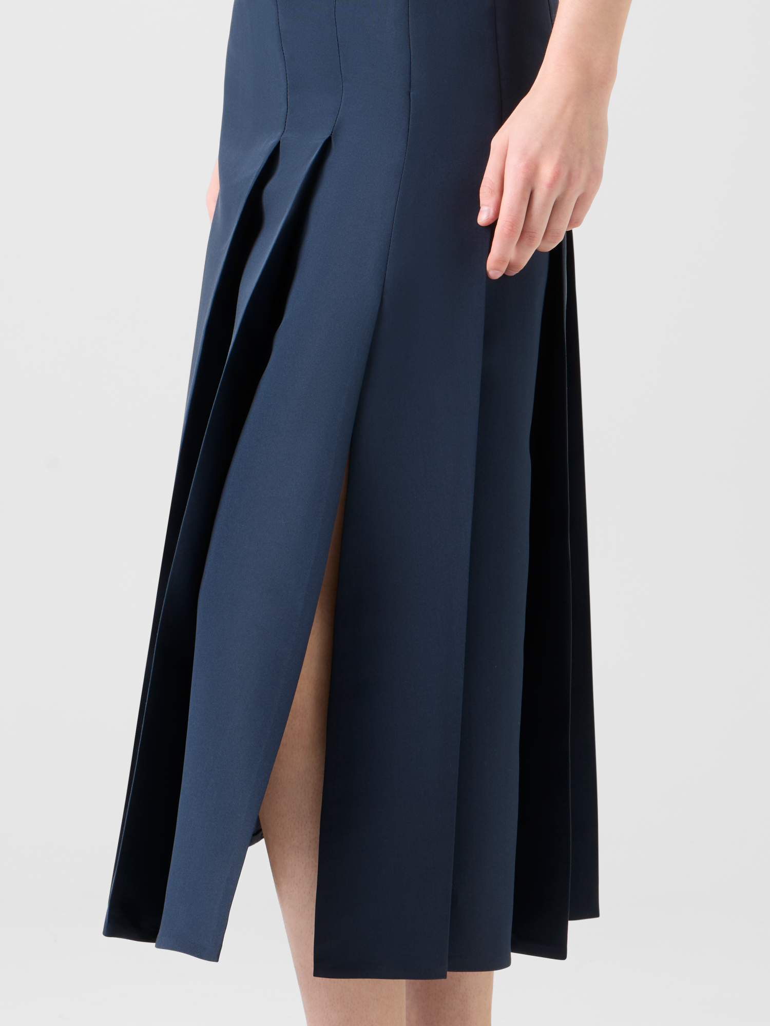 Designer Half-Pleated Ottoman Silk Midi Skirt - neutral - navy - blue 