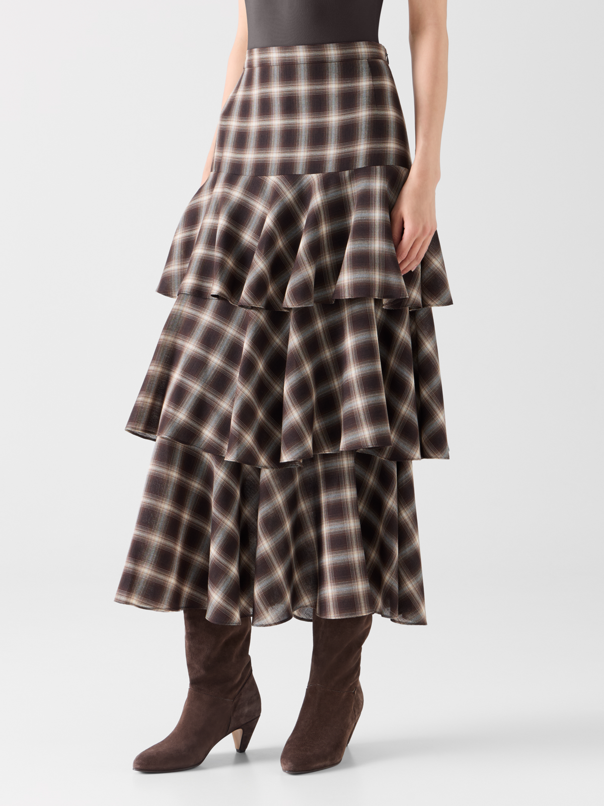 Designer Tiered Midi Skirt in Plaid Shelley - multicolor 