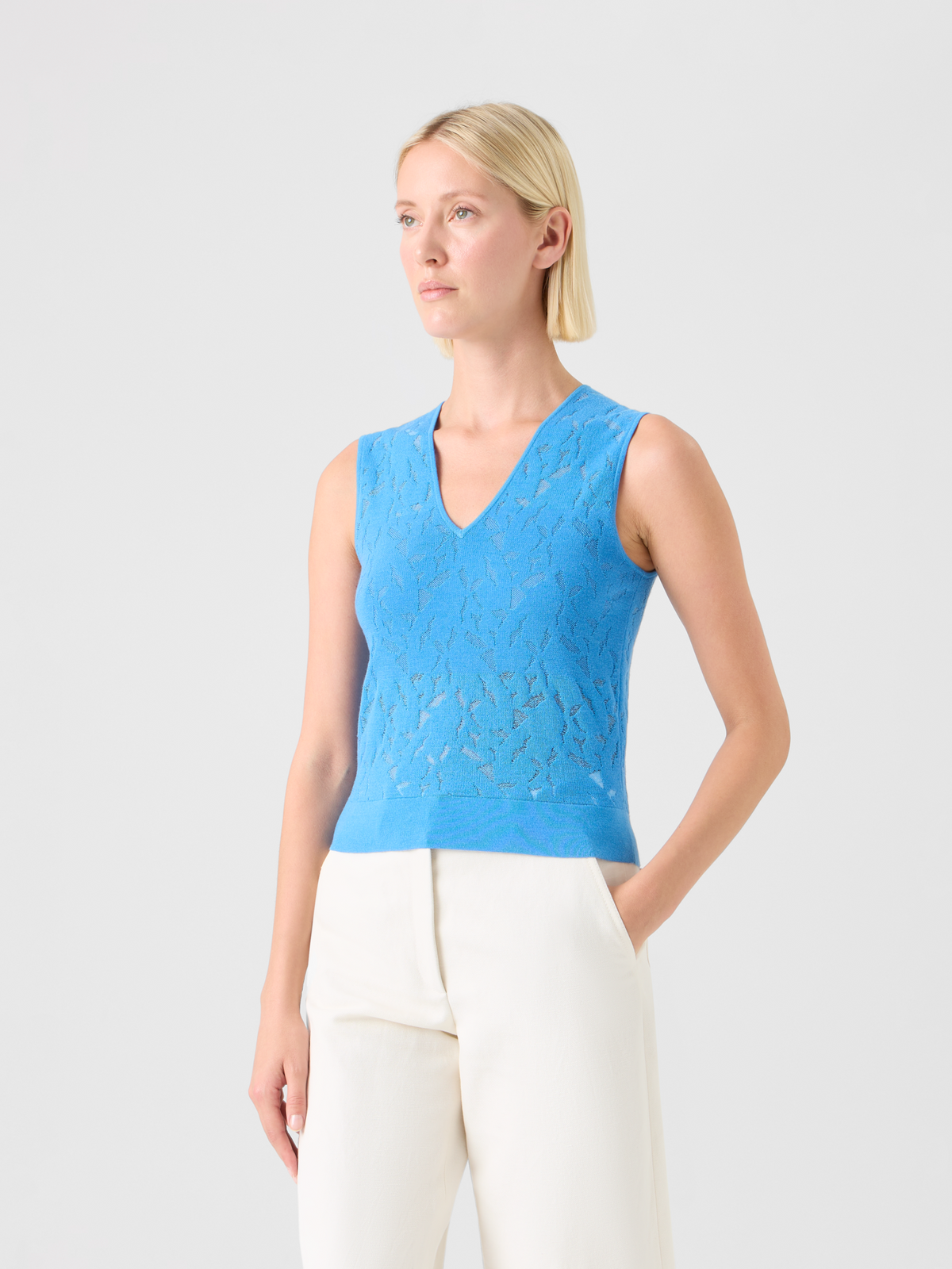 Designer Wool-Silk Intarsia Knit Top - blue #editorial