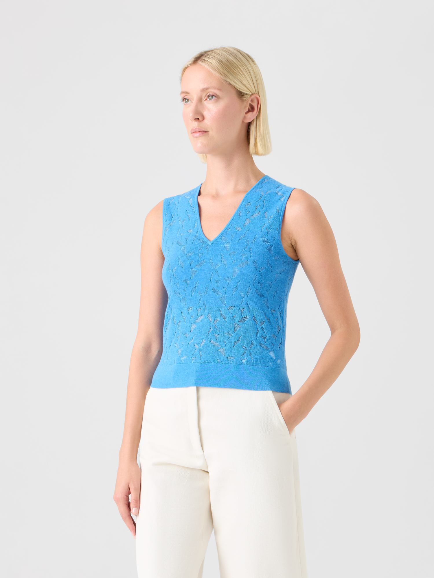 Designer Wool-Silk Intarsia Knit Top - blue 