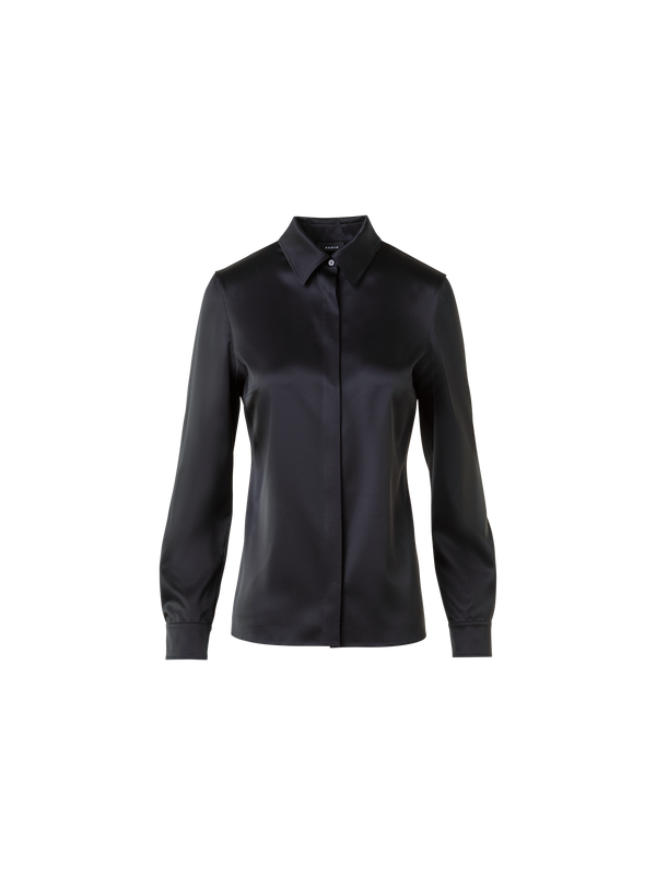Designer Stretch Silk Satin Shirt Blouse - black - neutral