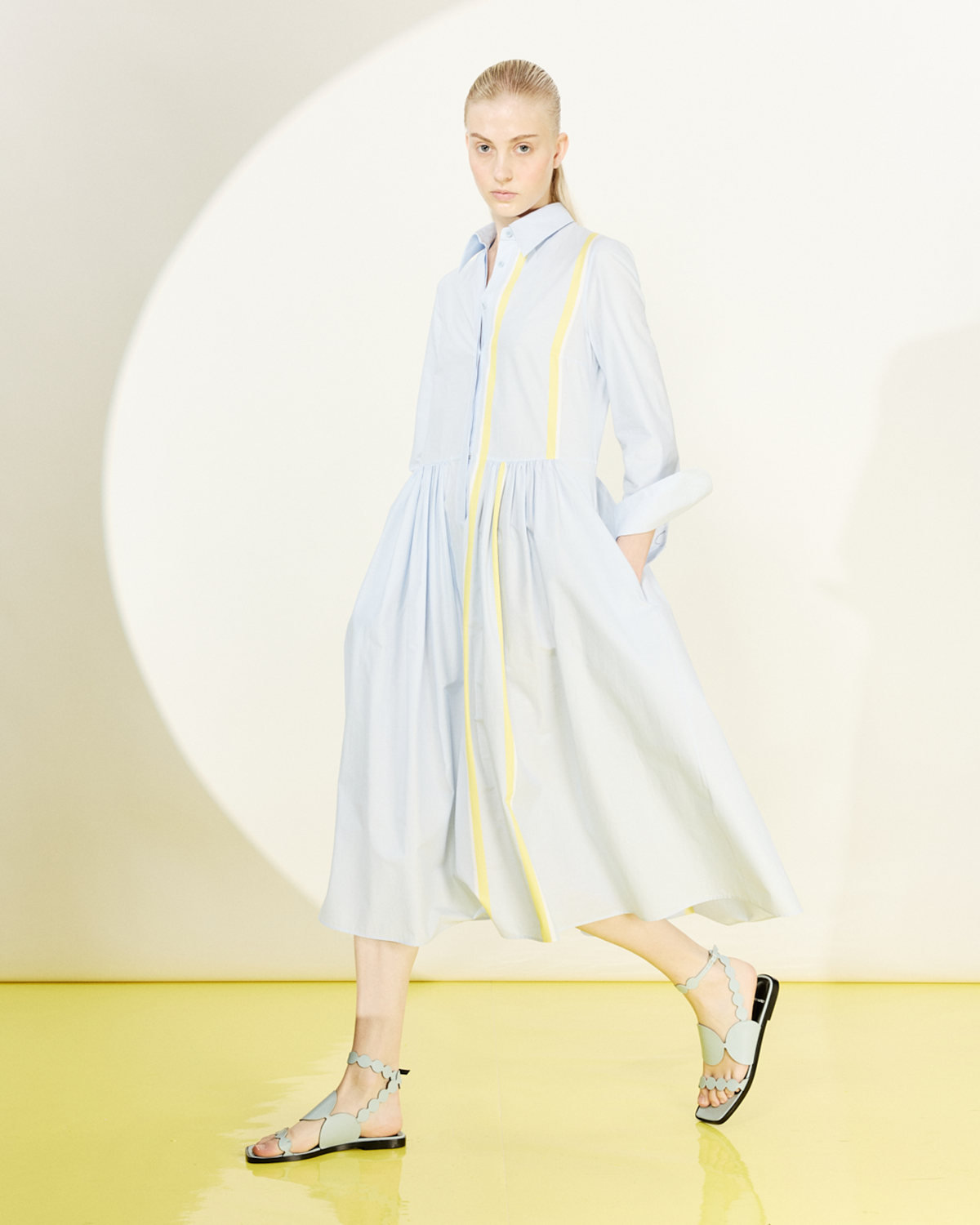 Designer Striped Cotton Chambray Midi Shirt Dress - blue - multicolor #editorial