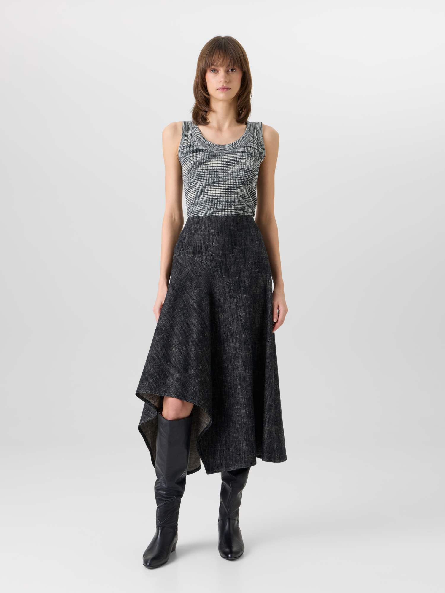 Designer Washed Heavyweight Cotton-Denim Midi Skirt - black 