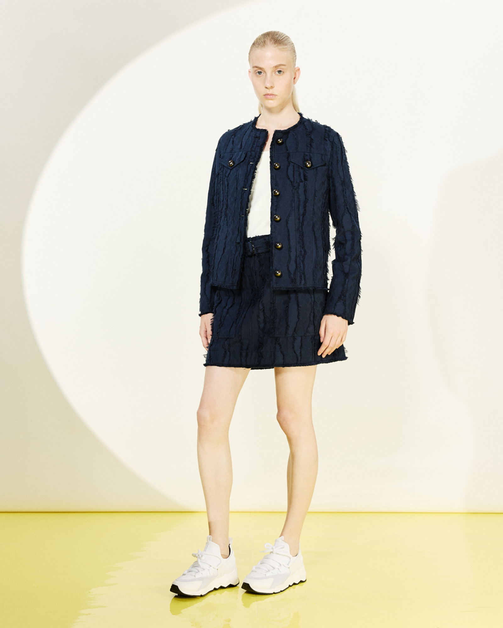 Designer Fringed Wave Jacquard Cotton Jacket - navy - blue