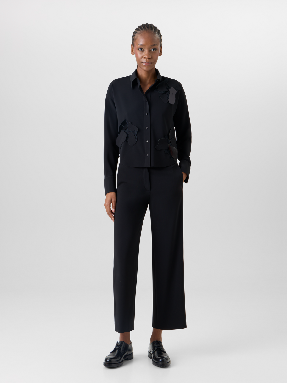Designer Long-Sleeve Papercut Flower Blouse - black #editorial