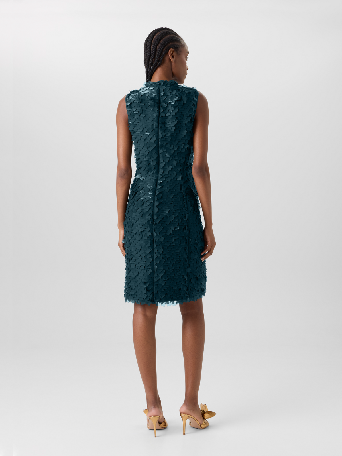 Designer Sleeveless Sheath Dress in Layered Organza Tiles - green 