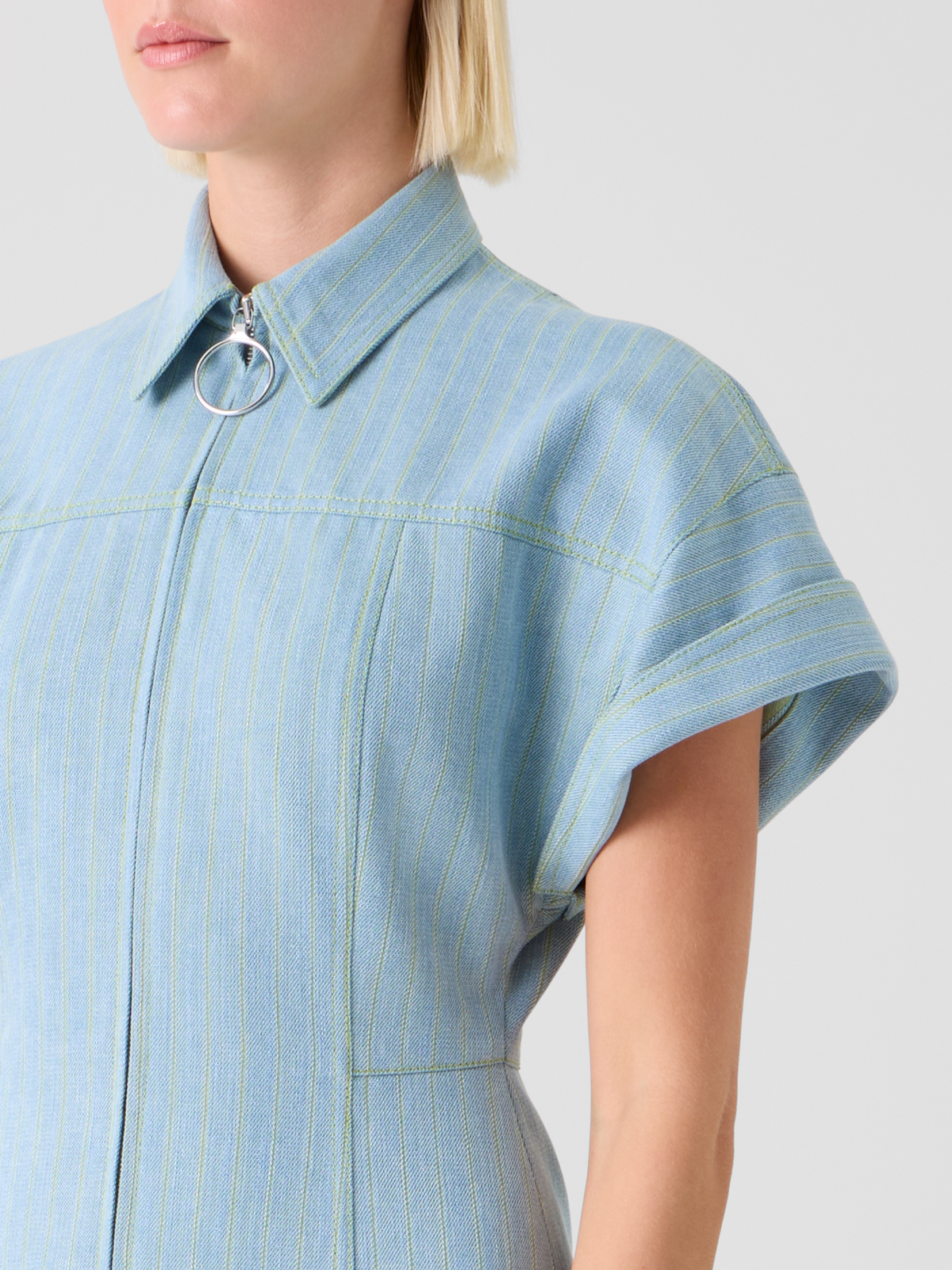 Designer Fitted Pinstripe Denim Mini Shirt Dress - blue