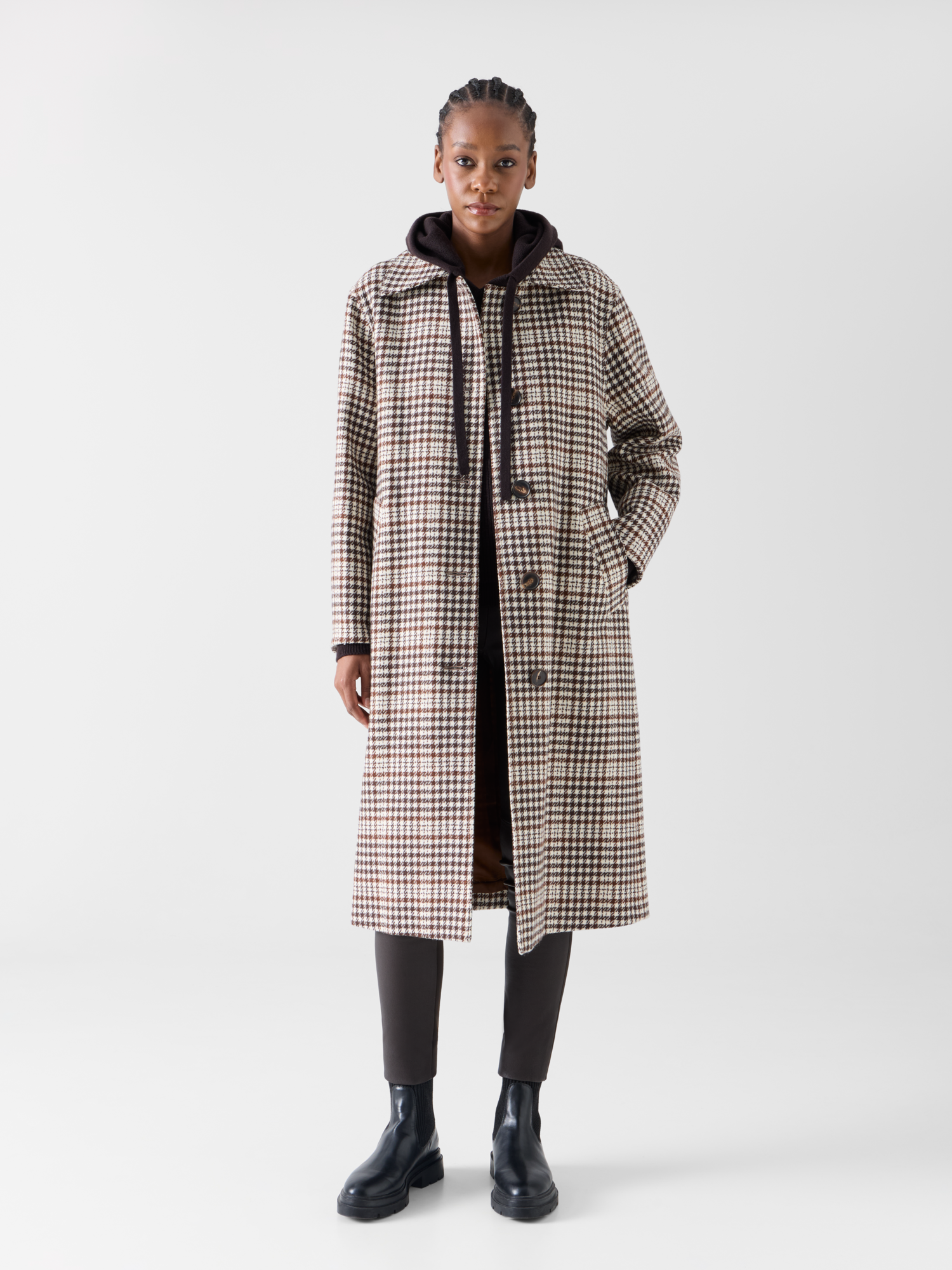Designer Checked Wool-Blend Long Coat - multicolor - brown 