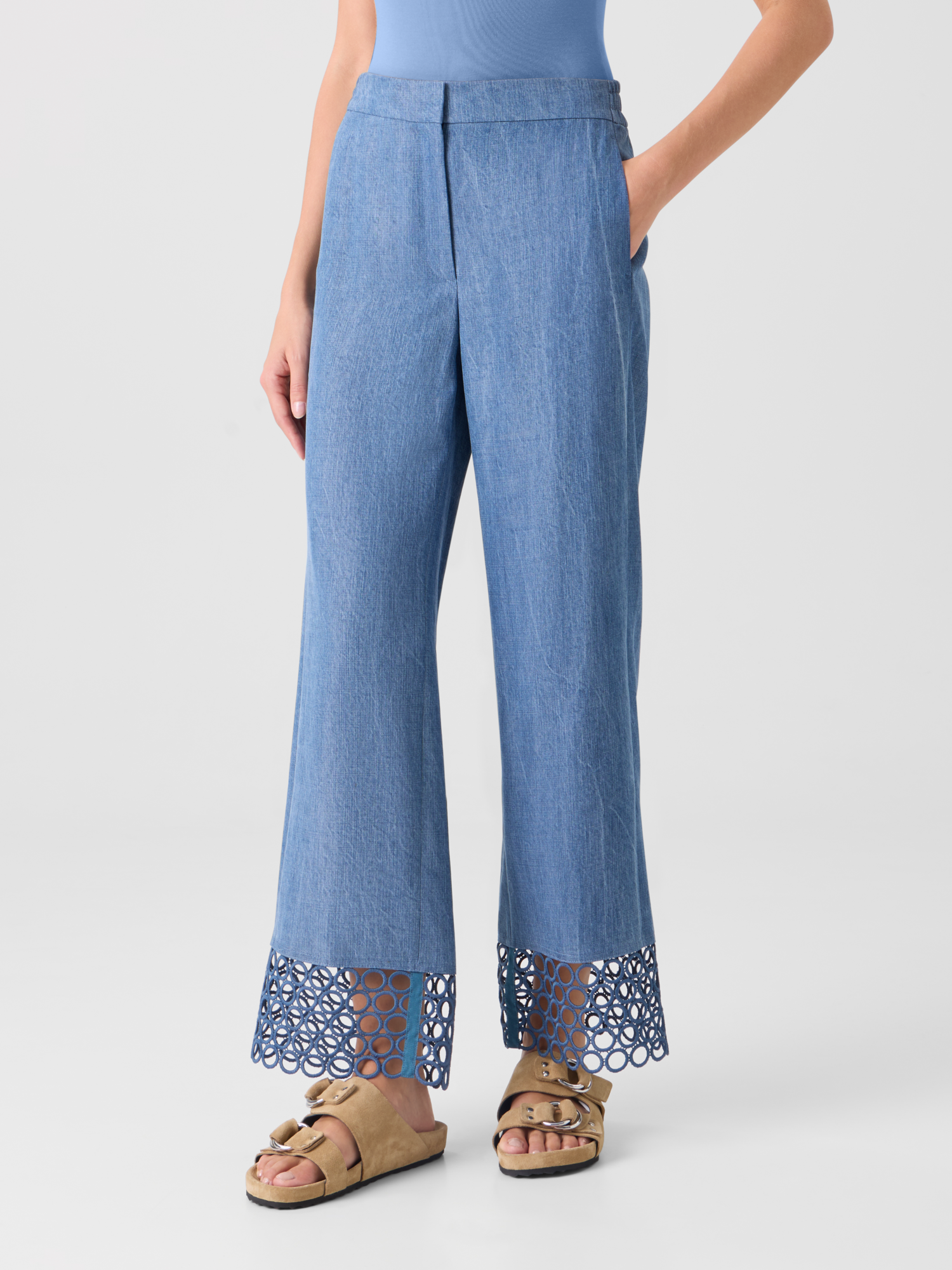 Designer Marlon High Waist Denim Cropped Pants with Eyelet Guipure - blue