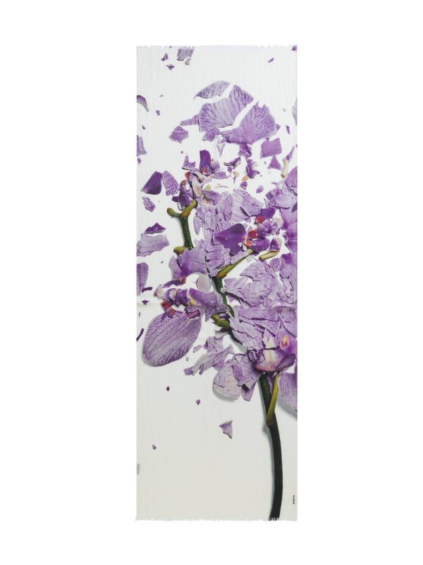 Designer Scarf Cashmere Silk Scattered Orchid Print - multicolor
