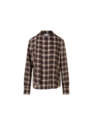 Designer Plaid Blouse in Wool Shelley with Bow Collar - brown - multicolor