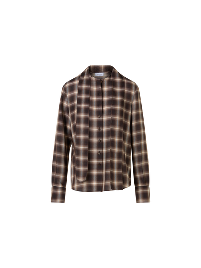 Designer Plaid Blouse in Wool Shelley with Bow Collar - brown - multicolor