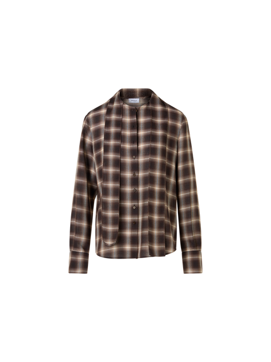 Designer Plaid Blouse in Wool Shelley with Bow Collar - brown - multicolor