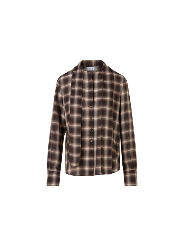Designer Plaid Blouse in Wool Shelley with Bow Collar - brown - multicolor