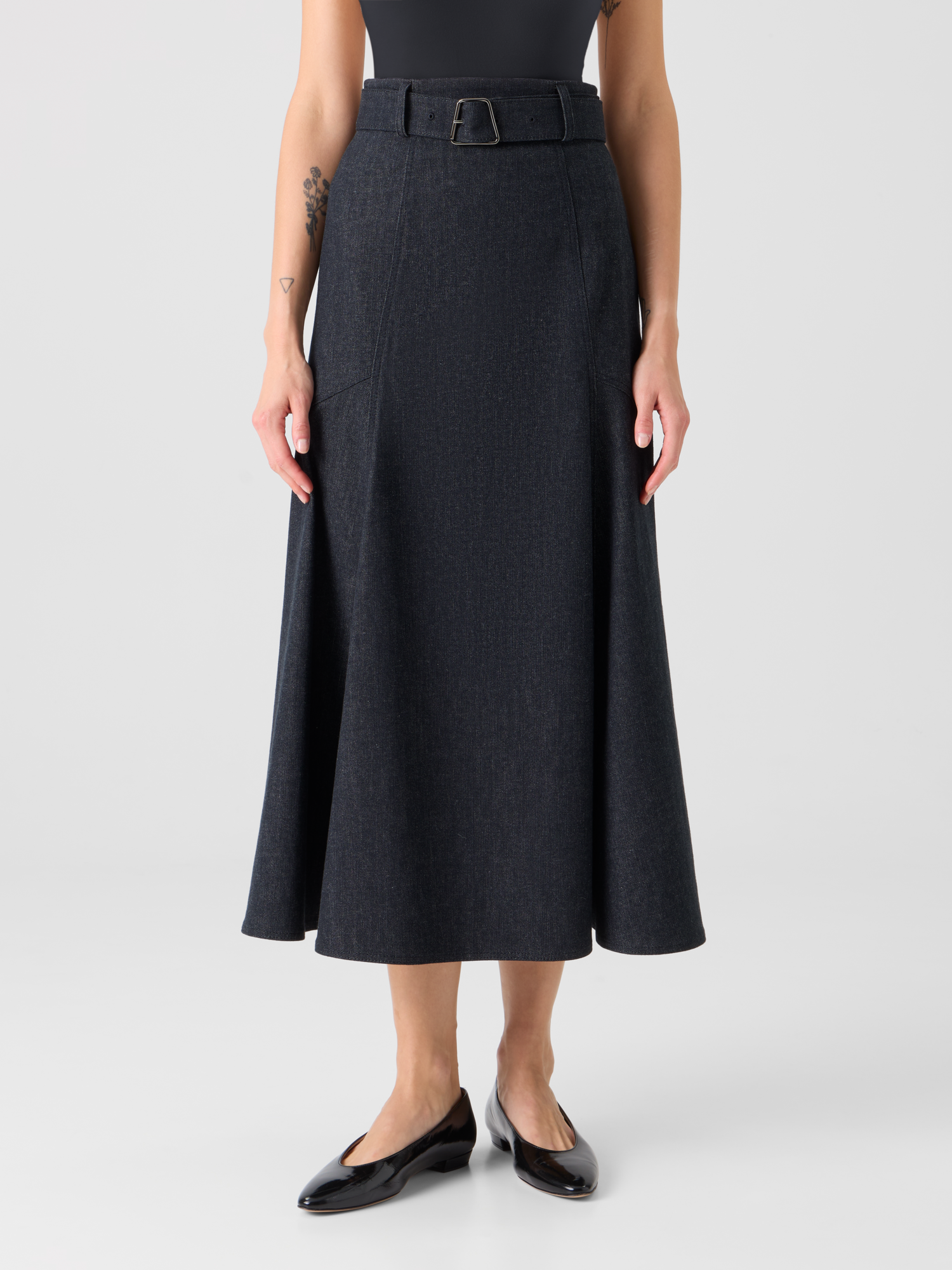 Designer Denim A-line Midi Skirt - black